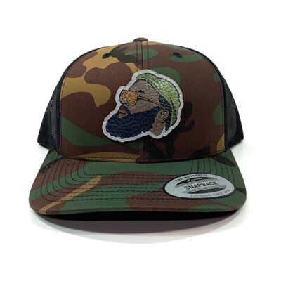 Flexfit Retro Yupoong Camo Trucker Hat & Leather Patch Bundle - Full Color Patch - Your Logo Thumbnail